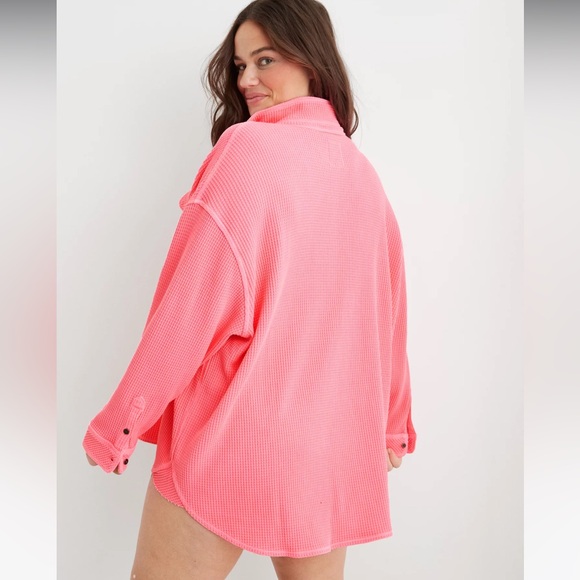 Aerie LumberJane Waffle Shirt Shacket Button Down Oversized in Coral Sun - Picture 4 of 14